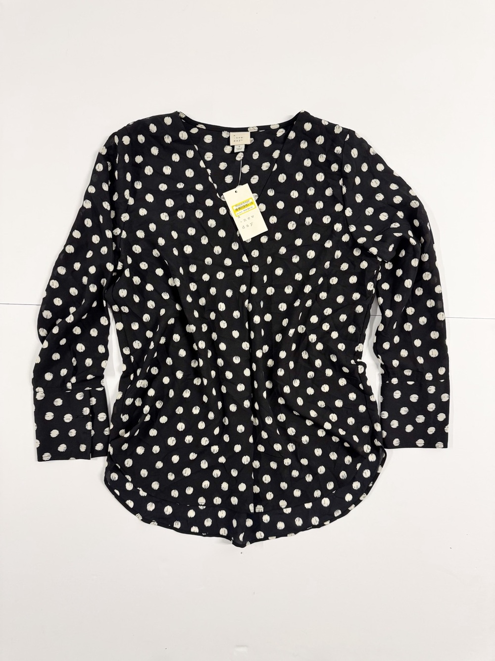 a new day Black and White Polka Dot V-Neck Long Sleeve Blouse